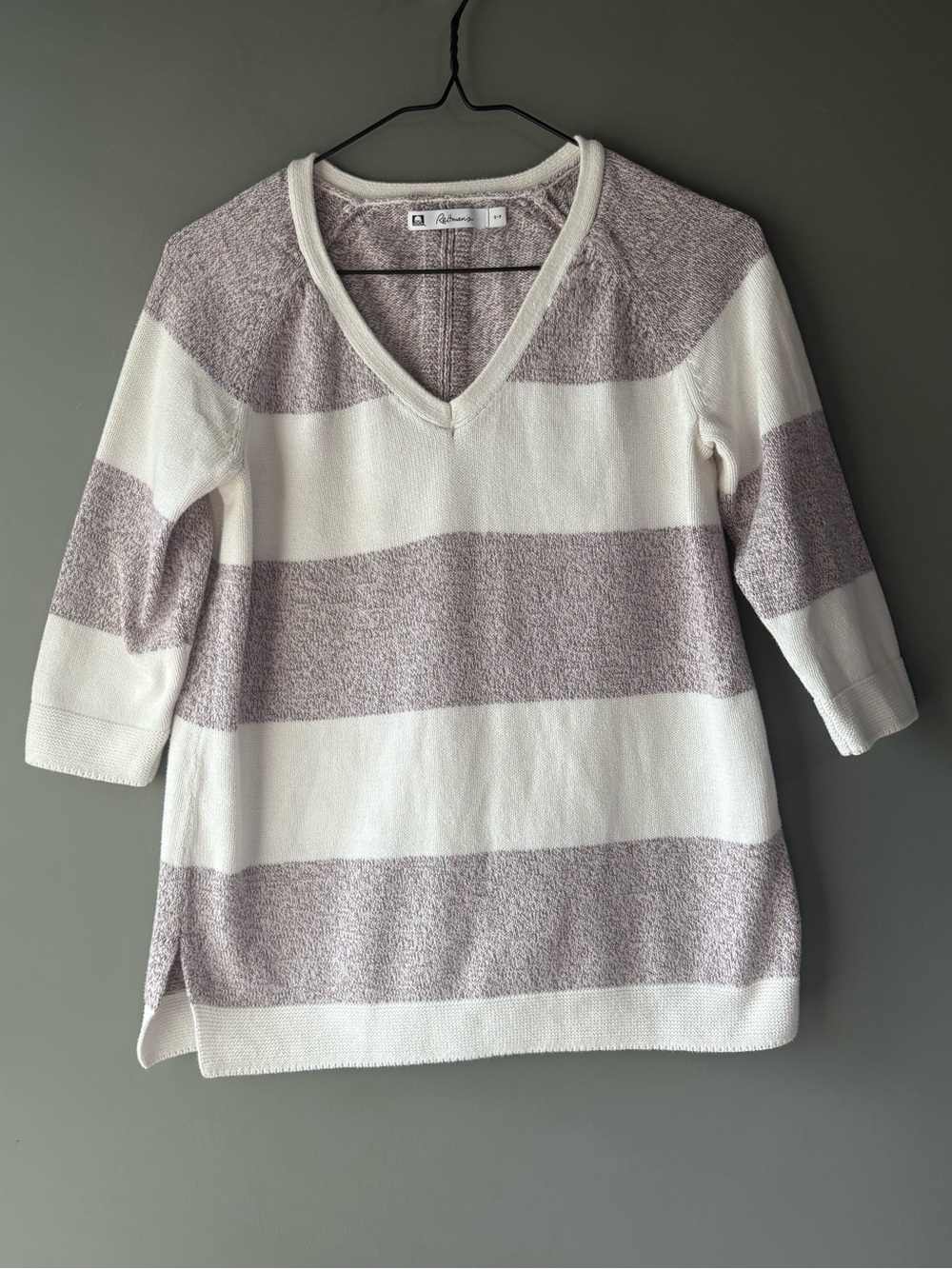 Reitmans Striped Cotton Knit Sweater Mauve Cream V-Neck 3/4 Sleeve Size Small - Picture 2 of 6